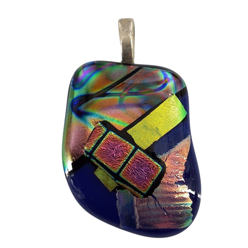 Artisan Dichroic Fused Glass Pendant Iridescent‎ Cobalt Blue Geometric Jewelry